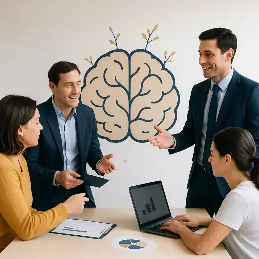 Grupo de profissionais em reunião de gestão de riscos psicossociais e saúde mental corporativa