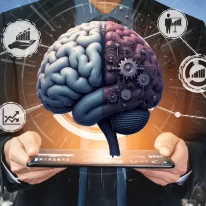 Ícone de cérebro representando saúde mental e bem-estar corporativo com ícones de análise de dados